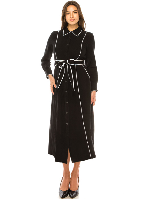 Black Chic Contrast Piped Shirt Dress