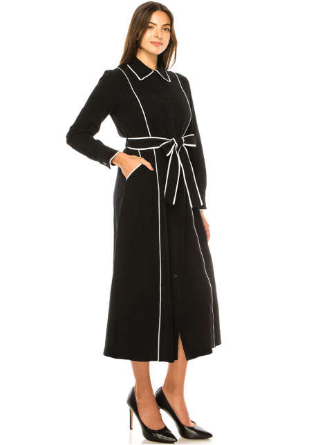 Black Chic Contrast Piped Shirt Dress