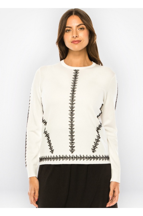 Abstract Embroidery Ivory Knit Top