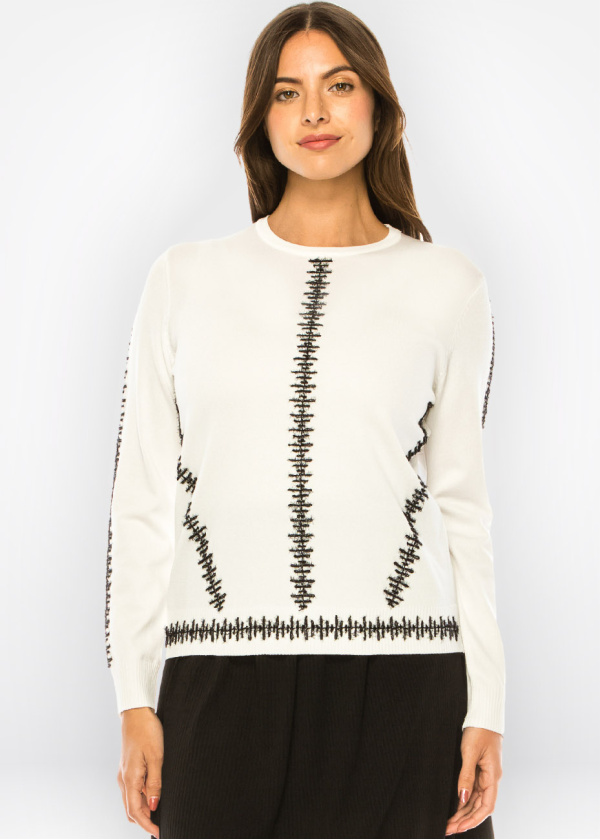 Abstract Embroidery Ivory Knit Top