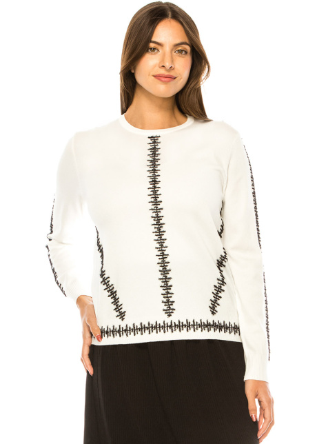 Abstract Embroidery Ivory Knit Top