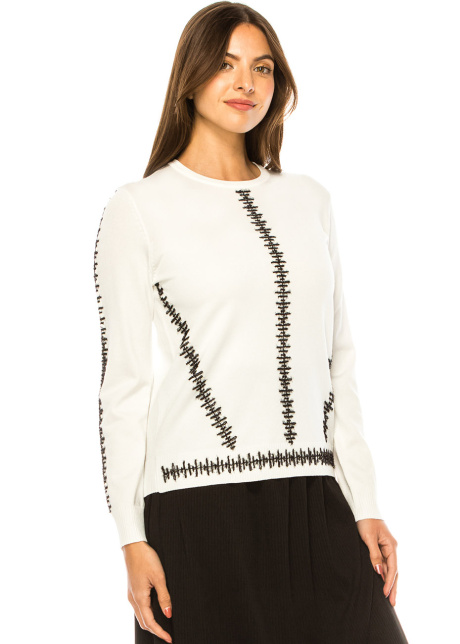 Abstract Embroidery Ivory Knit Top