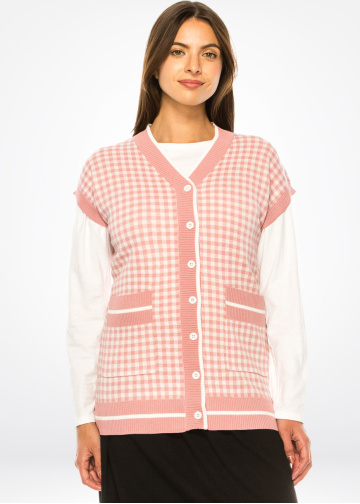 Pastel Pink Check Vest with Pockets