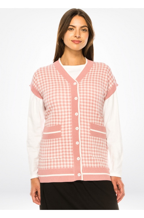 Pastel Pink Check Vest with Pockets