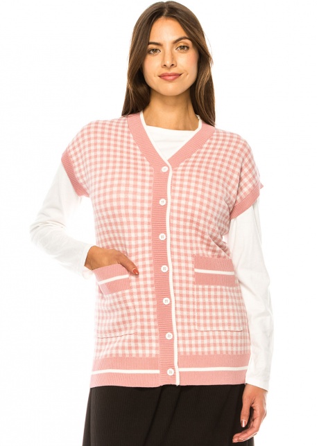 Pastel Pink Check Vest with Pockets