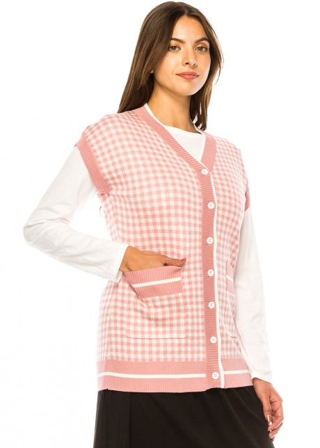 Pastel Pink Check Vest with Pockets