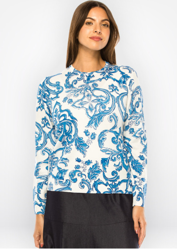 Azure Elegance Porcelain Print Sweater