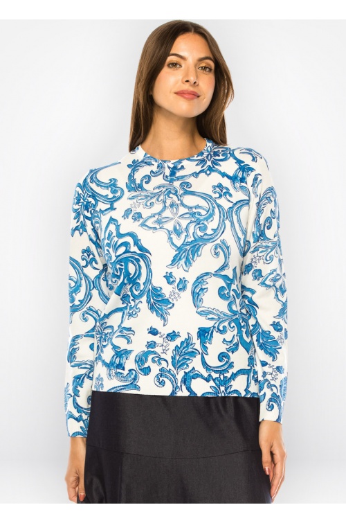 Azure Elegance Porcelain Print Sweater