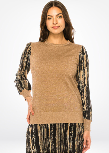 Golden Shimmer Knit & Abstract Sleeve Top