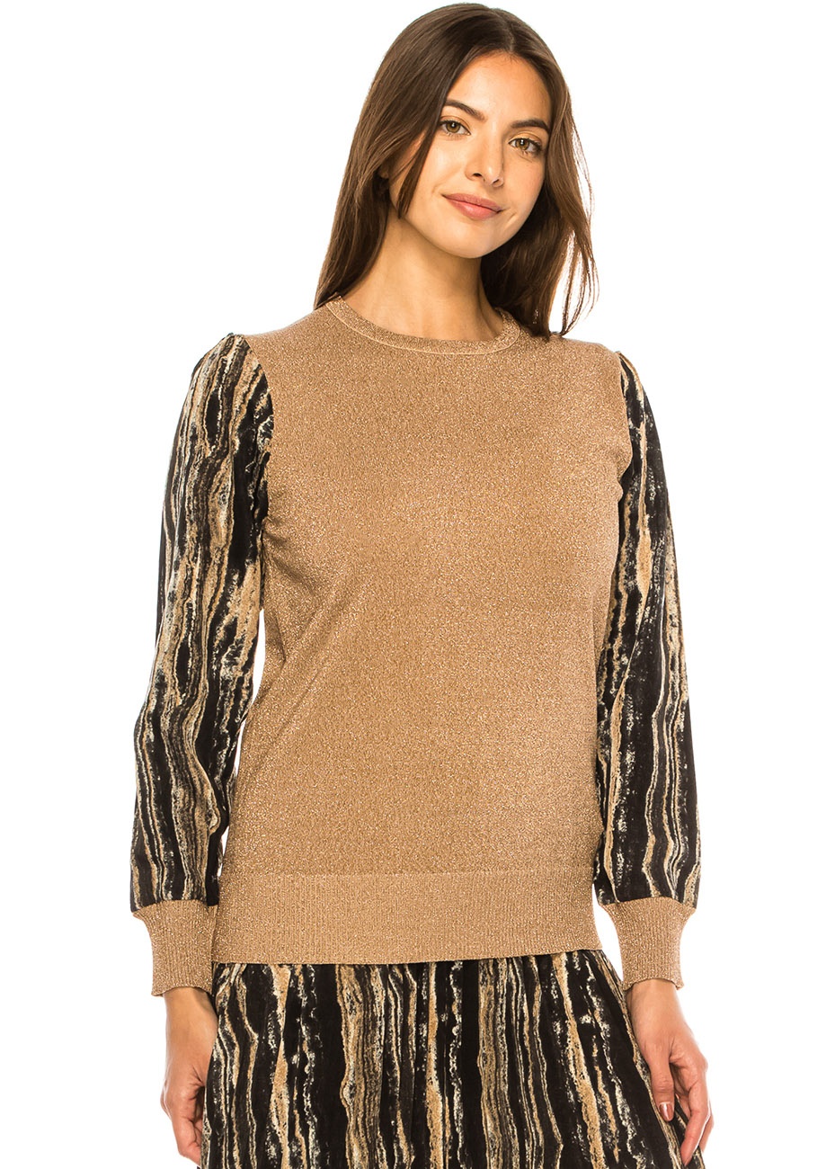 Golden Shimmer Knit & Abstract Sleeve Top