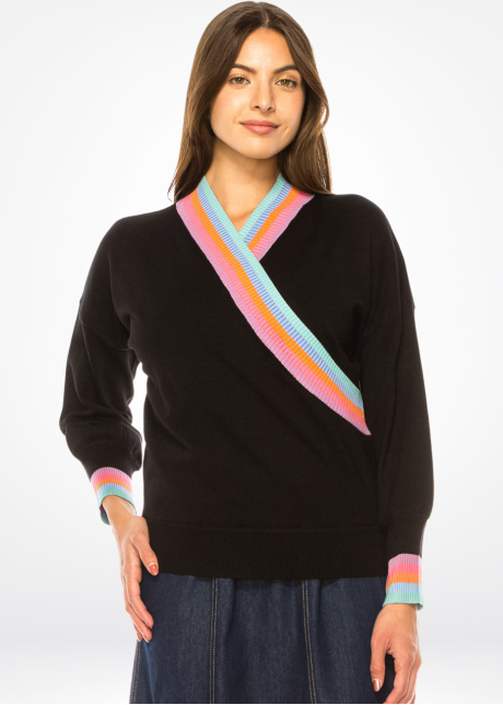 Rainbow Accent V-Neck Black Sweater