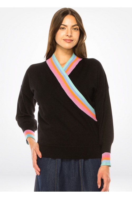 Rainbow Accent V-Neck Black Sweater