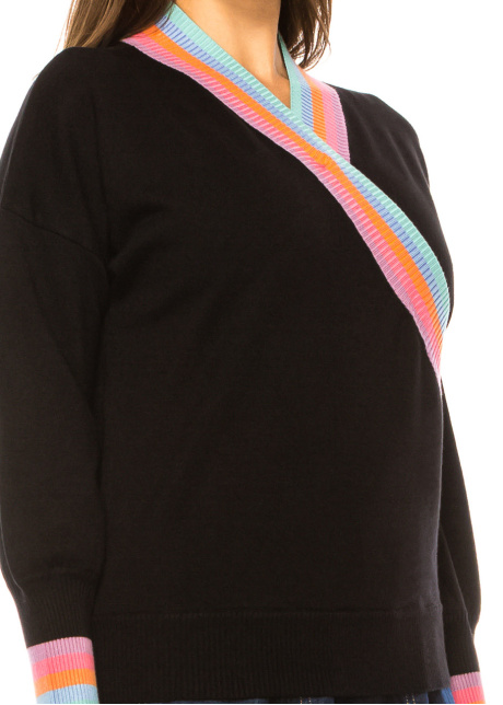 Rainbow Accent V-Neck Black Sweater
