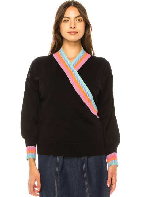 Rainbow Accent V-Neck Black Sweater