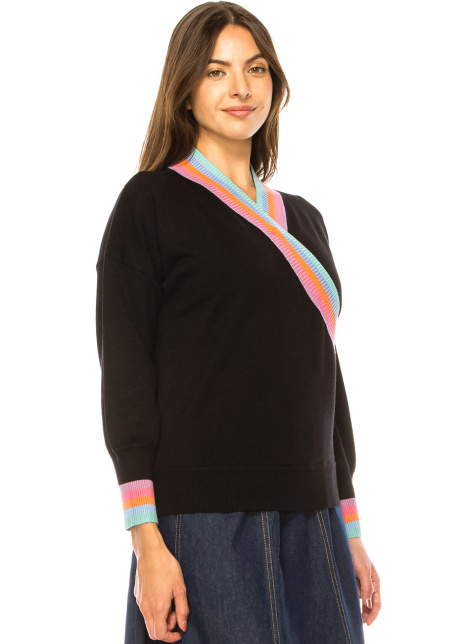 Yellow Trimmed Modest Black V-Neck Pullover