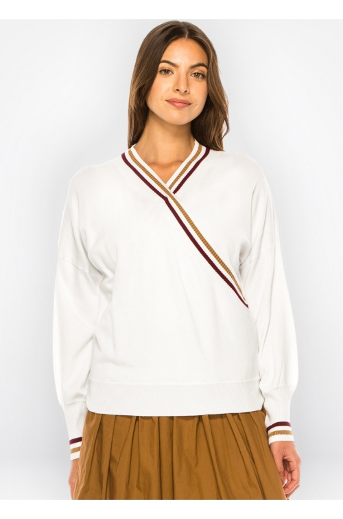 White V-Neck Sweater with Stripe Detail