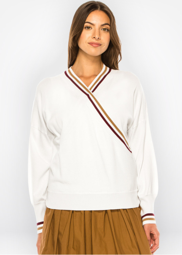White V-Neck Sweater with Stripe Detail