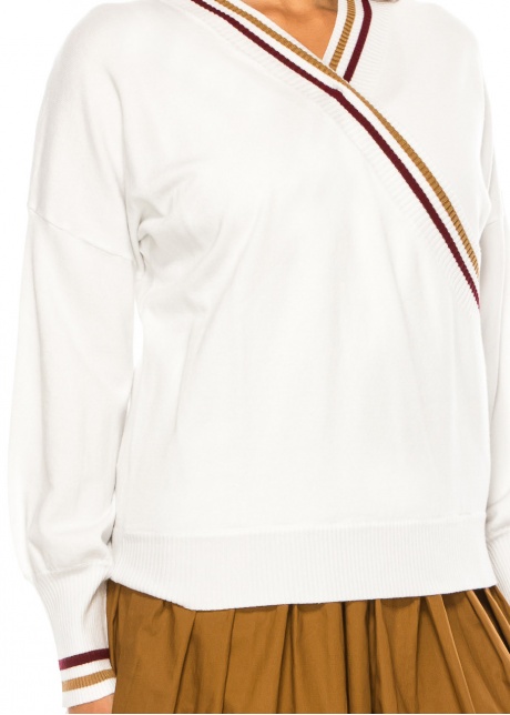 White V-Neck Sweater with Stripe Detail