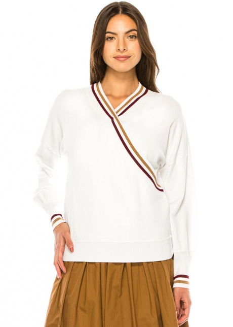 White V-Neck Sweater with Stripe Detail