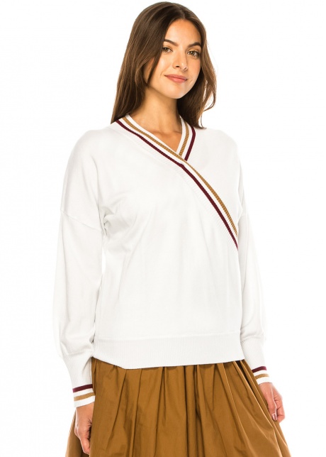 White V-Neck Sweater with Stripe Detail