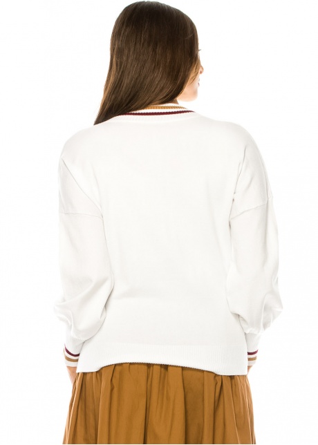 White V-Neck Sweater with Stripe Detail