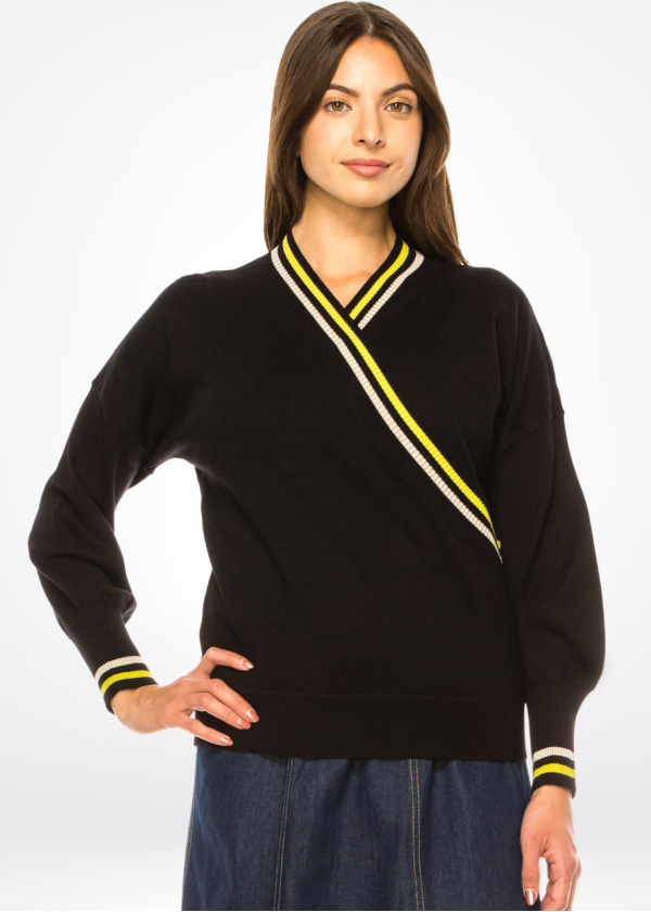 Yellow Trimmed Modest Black V-Neck Pullover