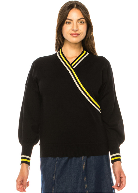 Yellow Trimmed Modest Black V-Neck Pullover