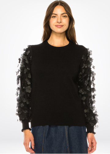 Black Sweater with Floral Sleeve Detail