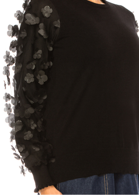 Black Sweater with Floral Sleeve Detail