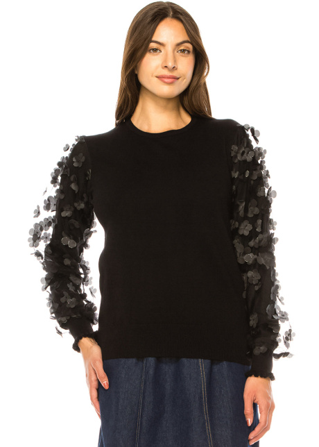 Black Sweater with Floral Sleeve Detail