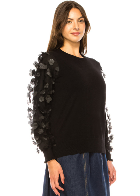 Black Sweater with Floral Sleeve Detail