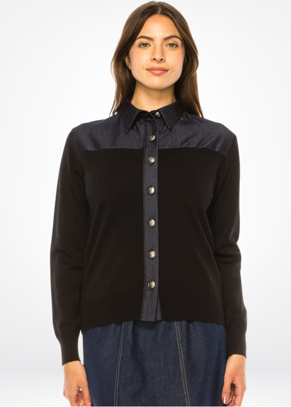 Denim-Trimmed Button-Up Cardigan - Classic Black