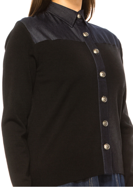 Denim-Trimmed Button-Up Cardigan - Classic Black