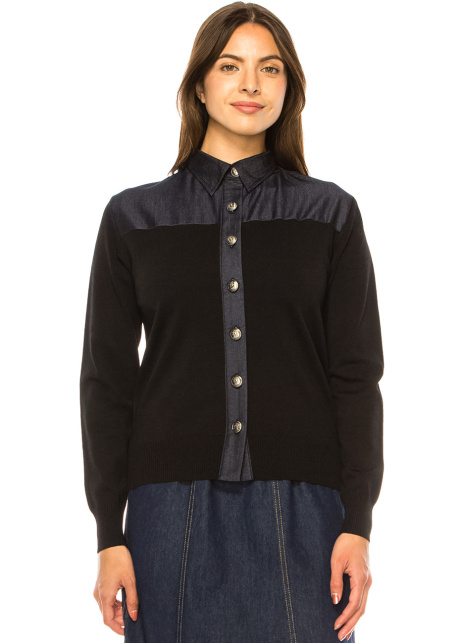 Denim-Trimmed Button-Up Cardigan - Classic Black
