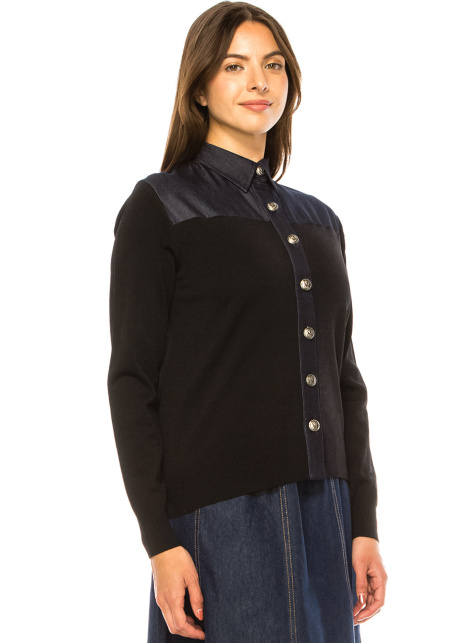 Denim-Trimmed Button-Up Cardigan - Classic Black