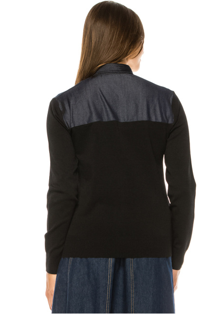 Denim-Trimmed Button-Up Cardigan - Classic Black