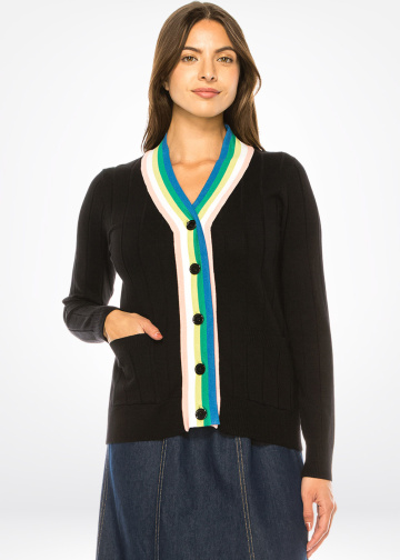 Rainbow Trim Black Cardigan – Playful Accent