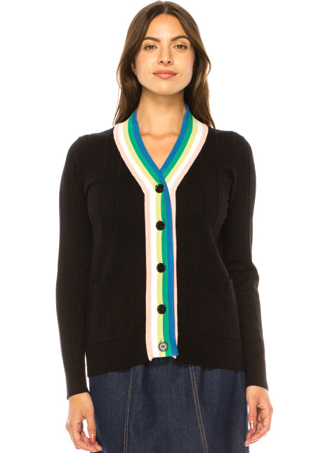 Rainbow Trim Black Cardigan – Playful Accent