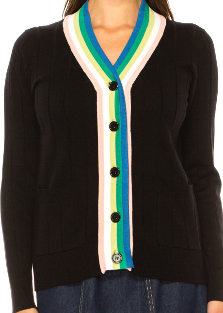 Rainbow Trim Black Cardigan – Playful Accent
