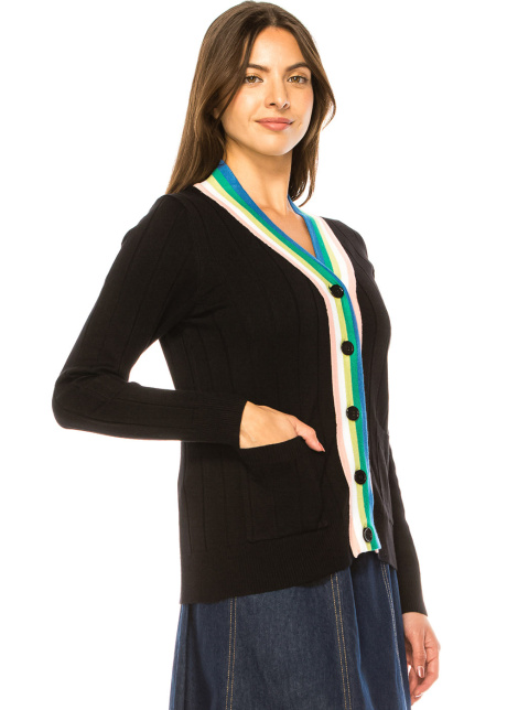 Rainbow Trim Black Cardigan – Playful Accent