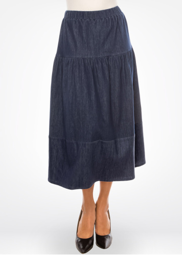 Classic Denim Tiered Midi Skirt