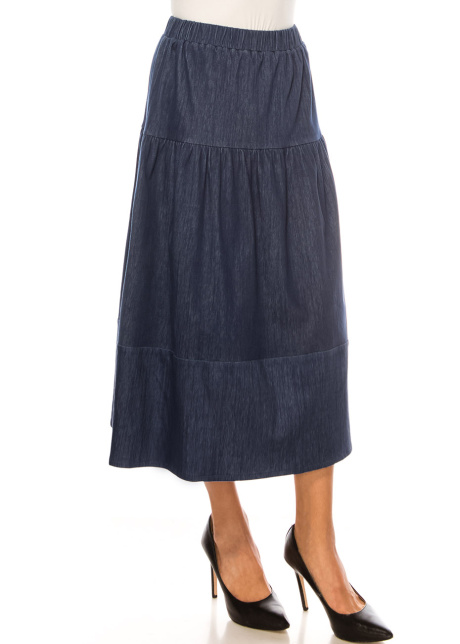 Classic Denim Tiered Midi Skirt