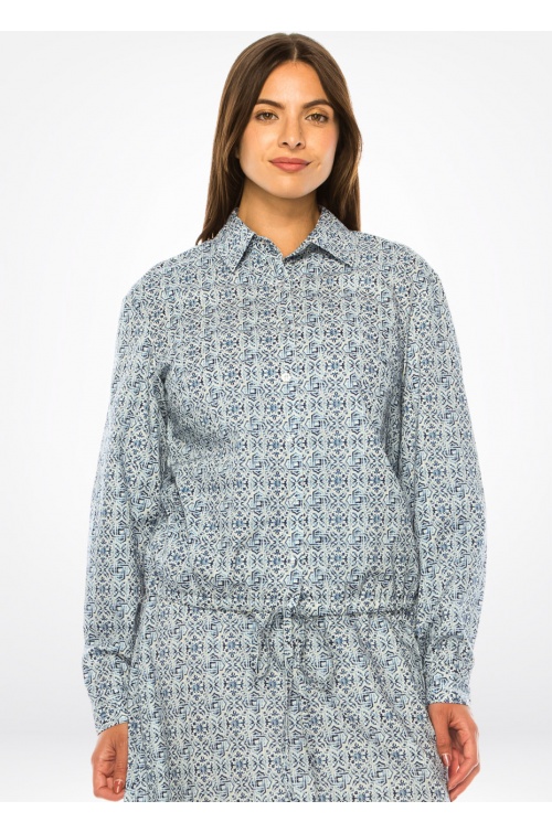 Blue Deco Print Shirt – Modest Detailing