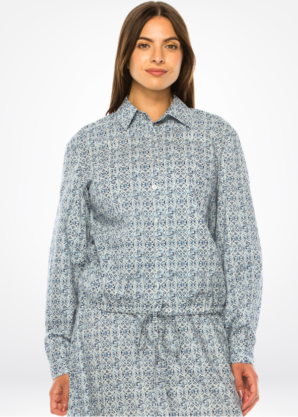 Blue Deco Print Shirt – Modest Detailing