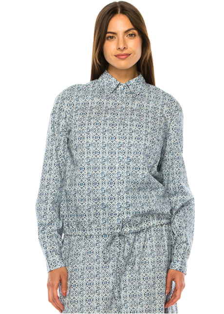 Blue Deco Print Shirt – Modest Detailing