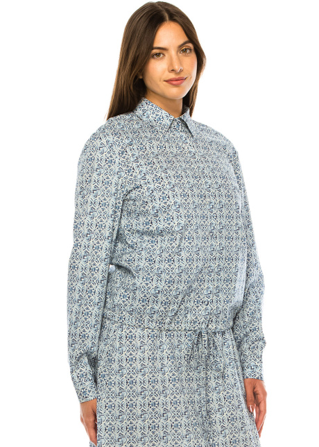 Blue Deco Print Shirt – Modest Detailing