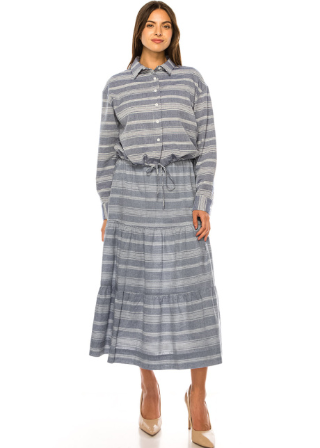 Blue Stripes Tiered Midi Skirt