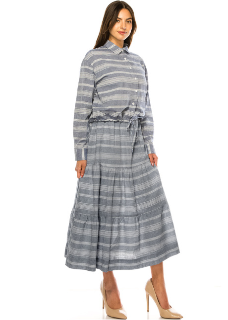 Blue Stripes Tiered Midi Skirt