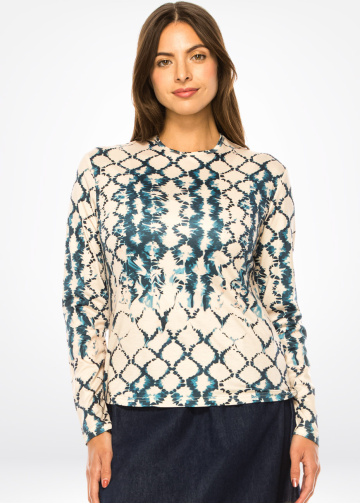 Beige & Teal Ikat Print Long-Sleeve Top