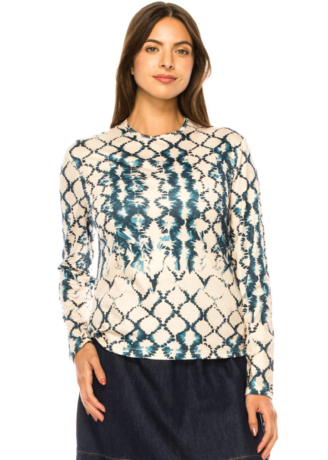 Beige & Teal Ikat Print Long-Sleeve Top